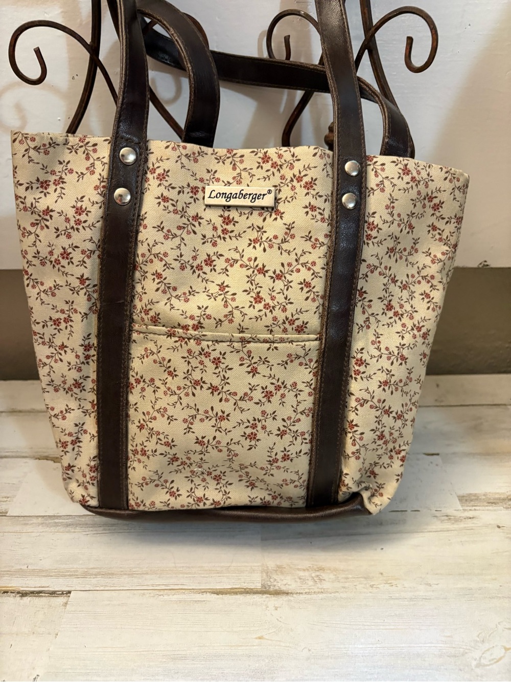 Longaberger Cream Mini Tote with Brown Trim and Red Floral Print